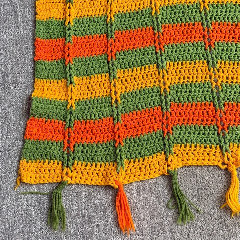 Vintage Handmade Crochet Throw Blanket Fringe‎ Boho Orange Green Yellow Afghan